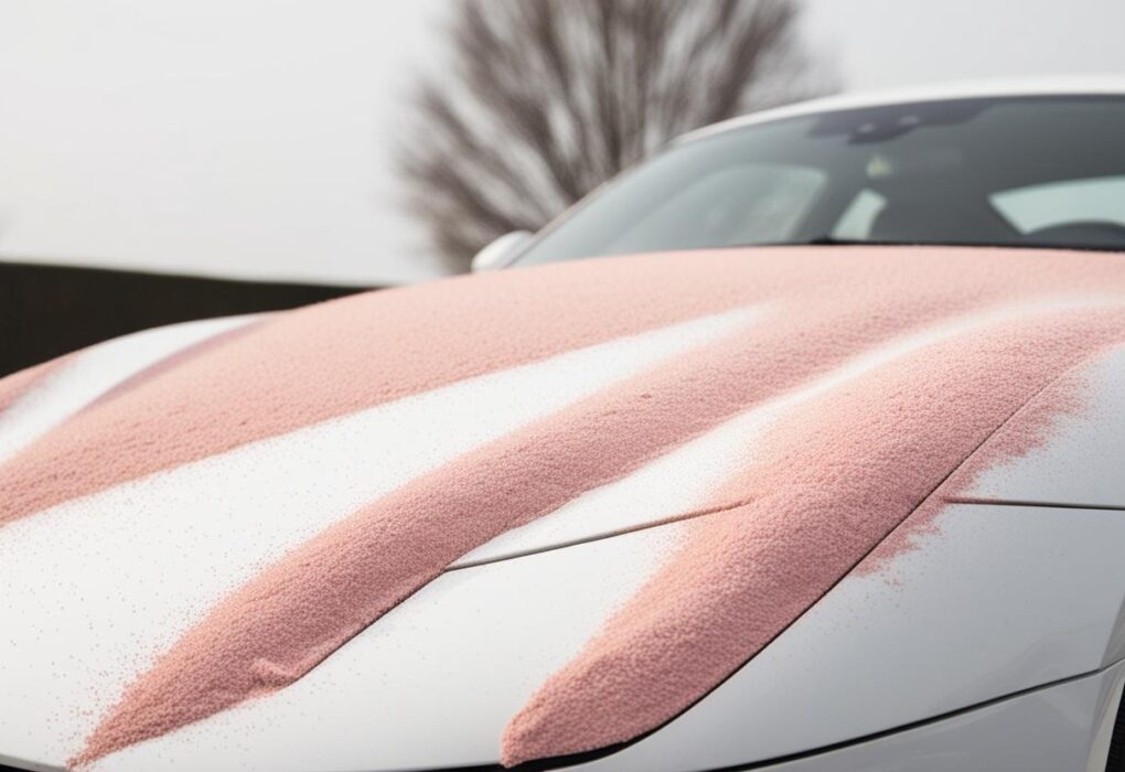 pink powder spread on full white car and tree is behind the car