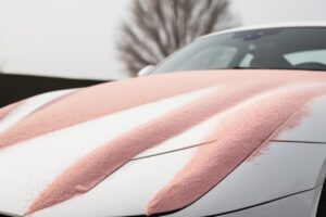 pink powder spread on full white car and tree is behind the car