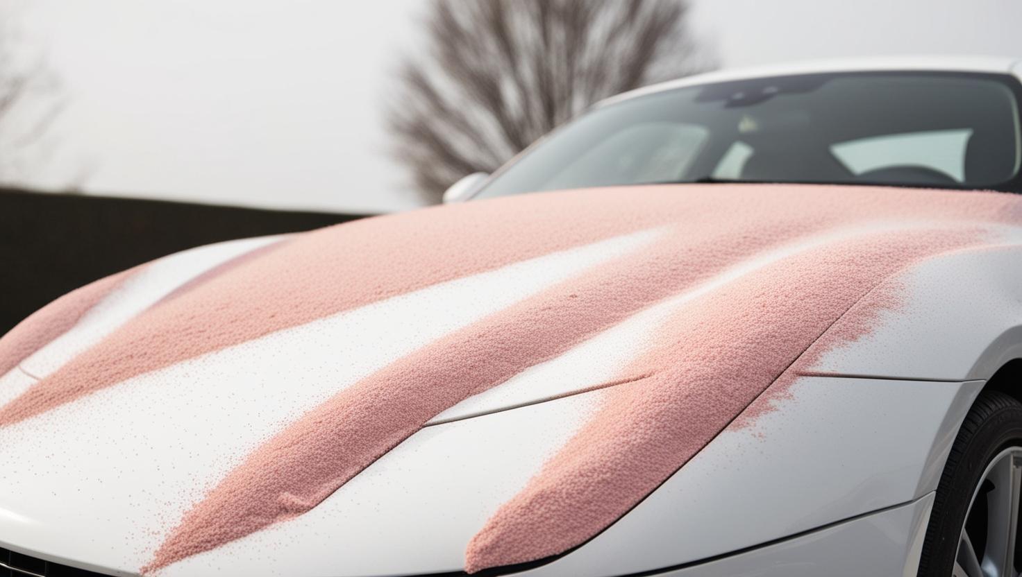 pink powder spread on full white car and tree is behind the car